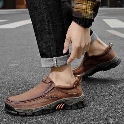 Retro Style Leather Loafers Mens Comfort Casual Shoes Breathable Male Driving Footwear Moccasin Travel Climbing Camping Footwear