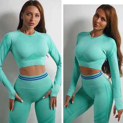 2 Pieces Gym Set Workout Clothes For Women Fitness Long Sleeve Crop Top Seamless Scrunch Butt Leggings Yoga Sport Suits