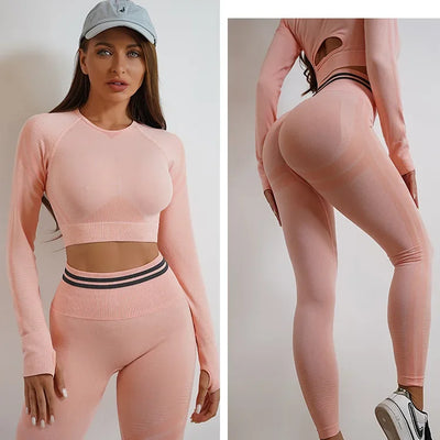 2 Pieces Gym Set Workout Clothes For Women Fitness Long Sleeve Crop Top Seamless Scrunch Butt Leggings Yoga Sport Suits