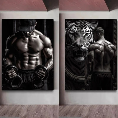 Gym Motivation Muscle Man with Tiger Bodybuilding Fitness Art Poster Canvas Painting Wall Print Picture for Home Gym Decor