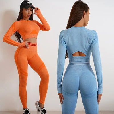 2 Pieces Gym Set Workout Clothes For Women Fitness Long Sleeve Crop Top Seamless Scrunch Butt Leggings Yoga Sport Suits