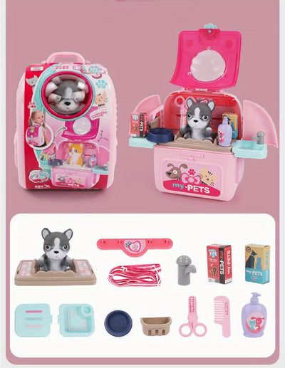 Pet Care Play Set Doctor Kit for Kids, Doctor Pretend Play Vet Dog Grooming Toys Puppy Dog Carrier Feeding Dog Backpack