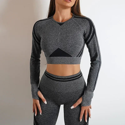 2 Pieces Gym Set Workout Clothes For Women Fitness Long Sleeve Crop Top Seamless Scrunch Butt Leggings Yoga Sport Suits