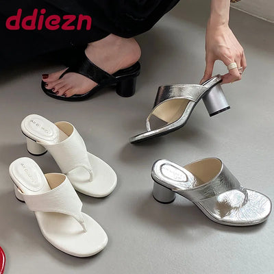 Red Footwear Fashion Round Heels Ladies Slippers Female Flip flops Elegant Women Heeled Slippers Sandals Slides Shoes Pumps