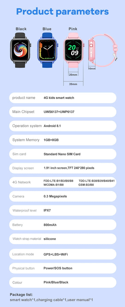4G Smart Watch Kids Video Call SOS Camera Monitor GPS WIFI Tracker Location Phone Watch APP Download Child Smartwatch.