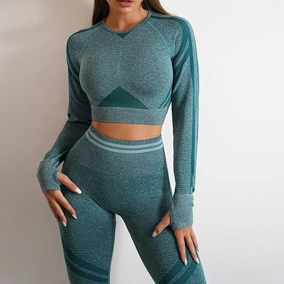 2 Pieces Gym Set Workout Clothes For Women Fitness Long Sleeve Crop Top Seamless Scrunch Butt Leggings Yoga Sport Suits