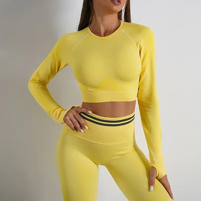 2 Pieces Gym Set Workout Clothes For Women Fitness Long Sleeve Crop Top Seamless Scrunch Butt Leggings Yoga Sport Suits