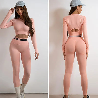 2 Pieces Gym Set Workout Clothes For Women Fitness Long Sleeve Crop Top Seamless Scrunch Butt Leggings Yoga Sport Suits