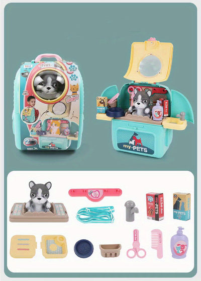 Pet Care Play Set Doctor Kit for Kids, Doctor Pretend Play Vet Dog Grooming Toys Puppy Dog Carrier Feeding Dog Backpack