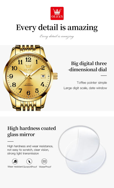 OLEVS 6666 Woman Watch Fashion Simple Digital Scale Ladies Watch Stainless Steel Waterproof Automatic Mechanical Watch for Women