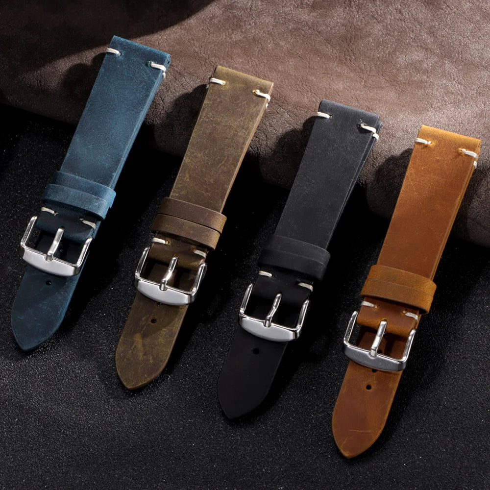 Vintage Oil Wax Watch Band Handmade Stitching Cowhide Strap for Omega for Seiko Smartwatch Wristband 18mm 20mm 21mm 22mm 24mm