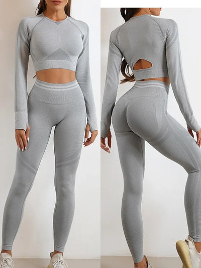 2 Pieces Gym Set Workout Clothes For Women Fitness Long Sleeve Crop Top Seamless Scrunch Butt Leggings Yoga Sport Suits