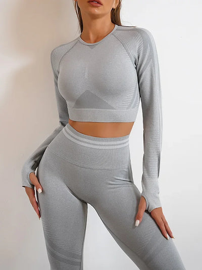 2 Pieces Gym Set Workout Clothes For Women Fitness Long Sleeve Crop Top Seamless Scrunch Butt Leggings Yoga Sport Suits