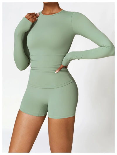 Yoga Sets Women Gym Clothing Fitness Long Sleeve Crop Tops + High Waist Leggings 2PCS Set Workout Sportswear Female Sports Suits