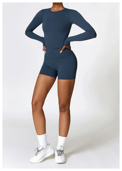Yoga Sets Women Gym Clothing Fitness Long Sleeve Crop Tops + High Waist Leggings 2PCS Set Workout Sportswear Female Sports Suits