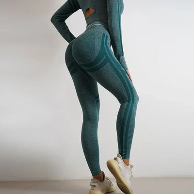 2 Pieces Gym Set Workout Clothes For Women Fitness Long Sleeve Crop Top Seamless Scrunch Butt Leggings Yoga Sport Suits
