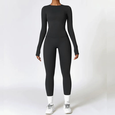 Yoga Sets Women Gym Clothing Fitness Long Sleeve Crop Tops + High Waist Leggings 2PCS Set Workout Sportswear Female Sports Suits