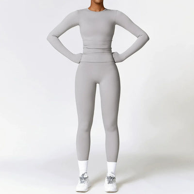 Yoga Sets Women Gym Clothing Fitness Long Sleeve Crop Tops + High Waist Leggings 2PCS Set Workout Sportswear Female Sports Suits