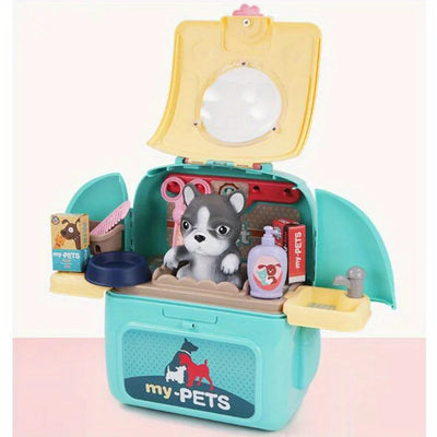Pet Care Play Set Doctor Kit for Kids, Doctor Pretend Play Vet Dog Grooming Toys Puppy Dog Carrier Feeding Dog Backpack