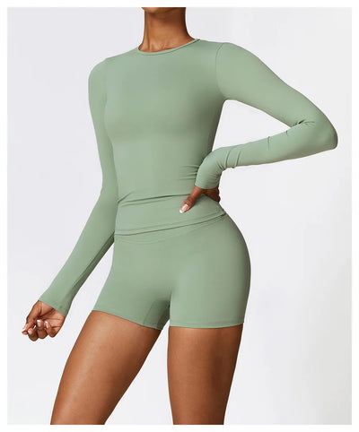 Yoga Sets Women Gym Clothing Fitness Long Sleeve Crop Tops + High Waist Leggings 2PCS Set Workout Sportswear Female Sports Suits