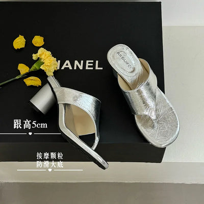Red Footwear Fashion Round Heels Ladies Slippers Female Flip flops Elegant Women Heeled Slippers Sandals Slides Shoes Pumps