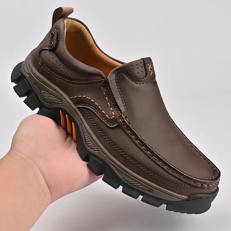 Retro Style Leather Loafers Mens Comfort Casual Shoes Breathable Male Driving Footwear Moccasin Travel Climbing Camping Footwear